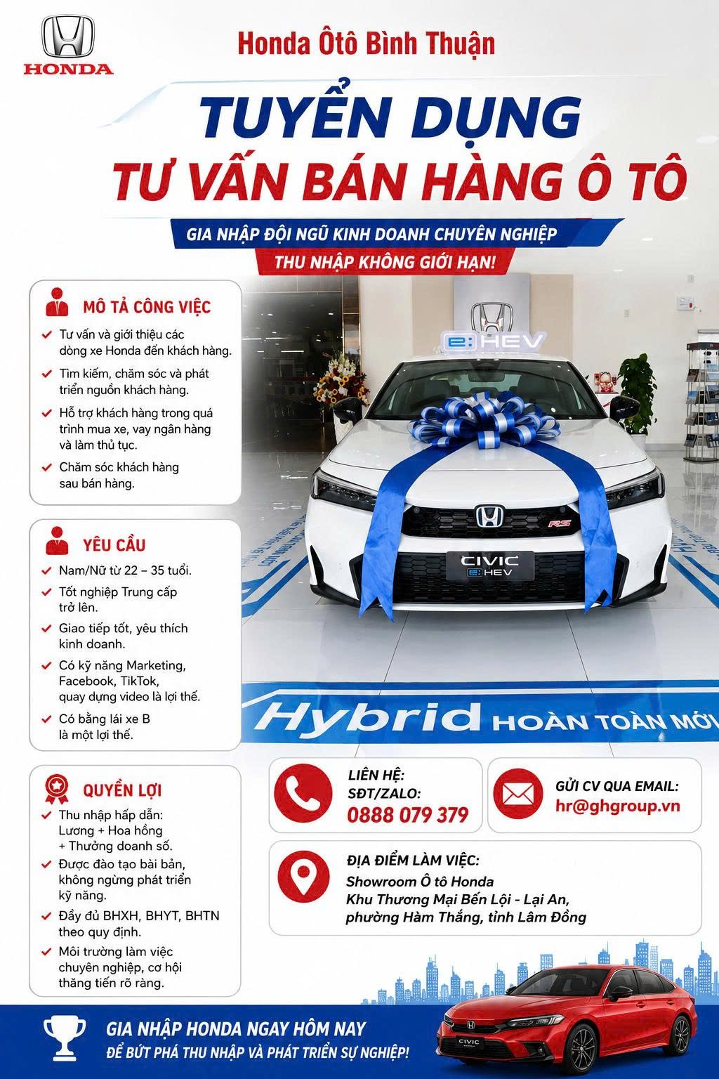Honda Ôtô Bình Thuận tuyển dụng Tư vấn bán hàng ô tô